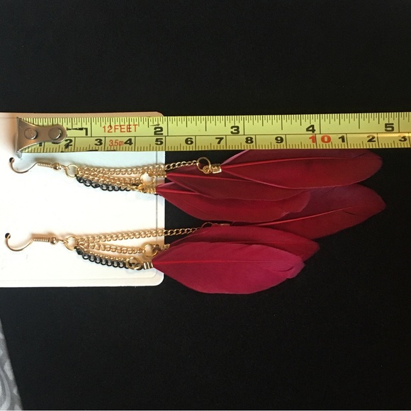 Burgundy Red Feather Long Dangle Earrings - Picture 8 of 8